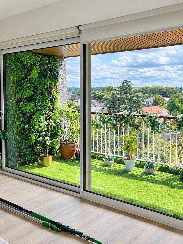 Baie vitrée donnant sur un balcon fleuri, après nettoyage